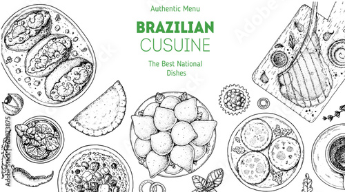 Brazilian food top view vector illustration. Food menu design template. Hand drawn sketch. Brazilian food menu. Traditional Brazilian cuisine. Acaraje, Pastel, Baiao de dois, Coxinhas, Empadinha