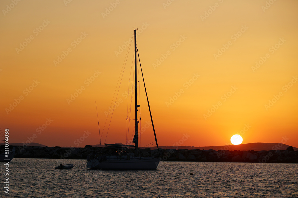 Sunset in the port of the Cyclades Island of Naxos-Greece   