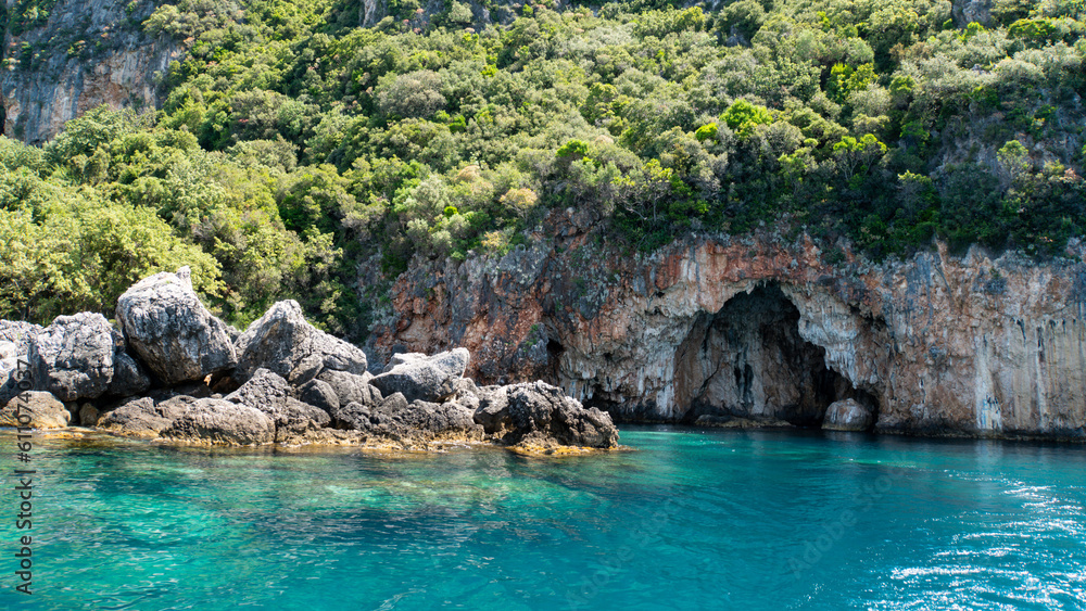 Beautiful typical Albanian coastline with hidden caves and crystal clear water