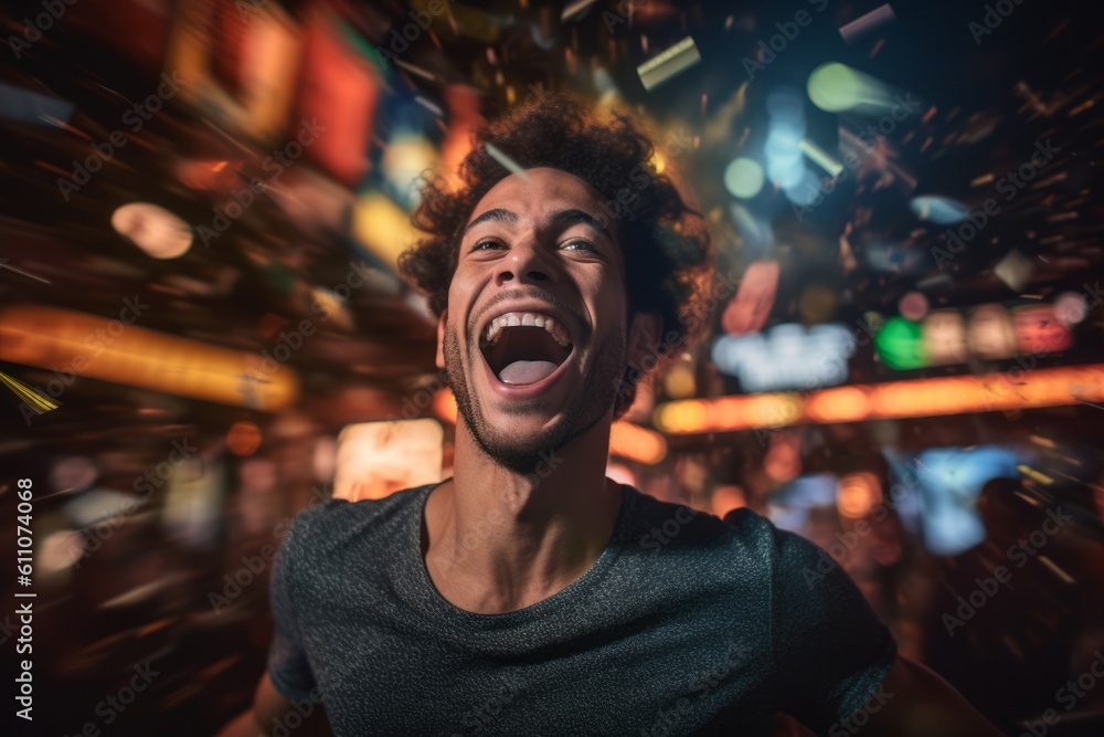 Close-up portrait photography of a glad boy in his 30s dancing against a lively sports bar background. With generative AI technology Close-up portrait photography of a glad boy in his 30s dancing against a lively sports bar background. With generative AI technology