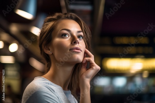 Close-up portrait photography of a glad girl in her 30s sending blowing kiss against a lively sports bar background. With generative AI technology