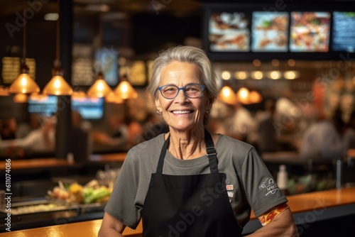 Medium shot portrait photography of a grinning mature woman cooking against a lively sports bar background. With generative AI technology