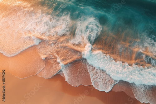 Beautiful aerial perspective of sandy beach and clear blue water at sunset