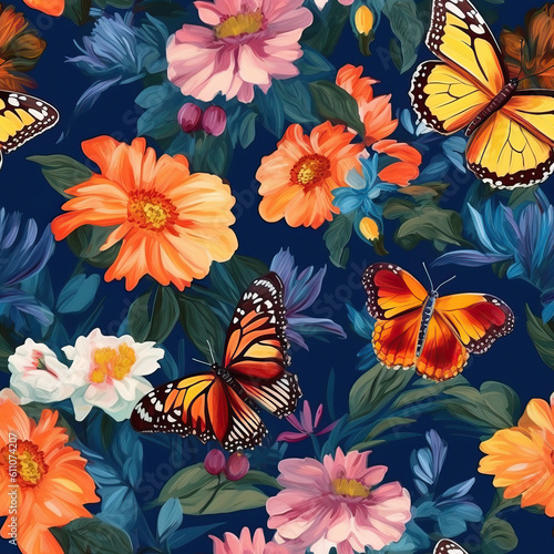 Butterflies and flowers seamless repeat pattern oil painting [Generative AI]
