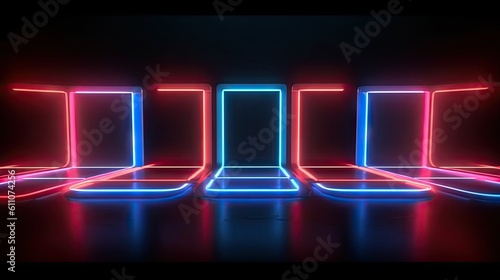 Abstract background with neon panels glowing in the dark, red blue gradient. Created with Generative Ai Technology