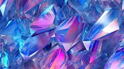 Abstract crystal background, iridescent texture, macro panorama, faceted gem, wide panoramic polygonal wallpaper. Created with Generative Ai Technology