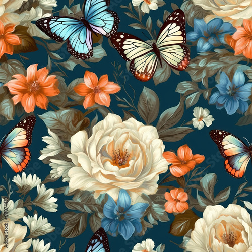 Butterflies and flowers seamless repeat pattern oil painting [Generative AI] 