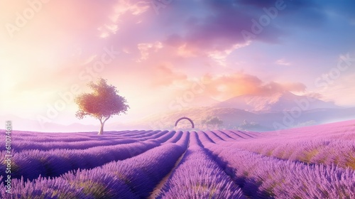 A dreamy composition of lavender fields in full bloom, enveloped in a soft purple haze, transporting viewers to a serene and tranquil atmosphere. Generative AI.  © Dannchez