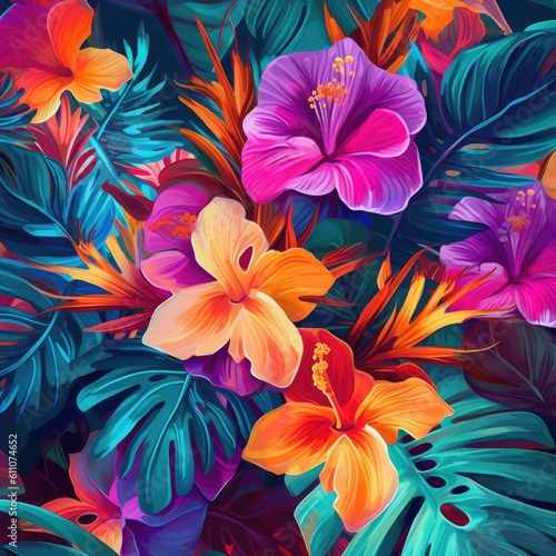 An artistic arrangement of tropical flowers in bold and vivid colors, creating a visually striking and energetic background, perfect for summer-themed content. Wallpaper texture. Generative AI. 