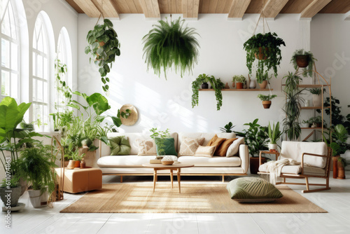 Interior living room in white room with wooden furniture and green plants  Generative AI