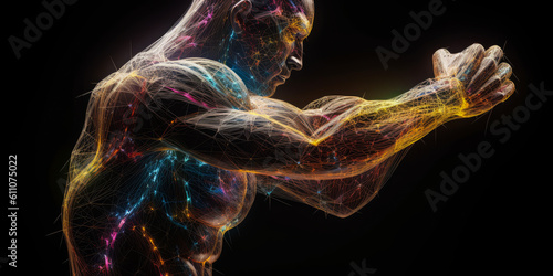 Print op canvas Stunning digital depiction of glowing muscles in flexion, showcasing a complex network of luminous fibers to embody strength, determination, and human endurance