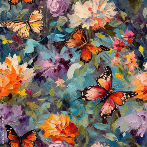 Butterflies and flowers seamless repeat pattern oil painting  Generative AI  
