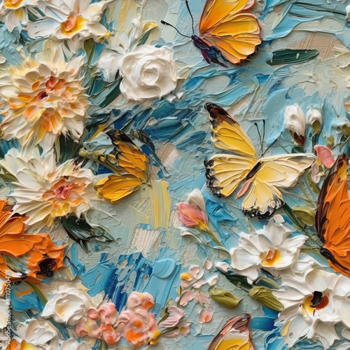 Butterflies and flowers seamless repeat pattern oil painting [Generative AI]
