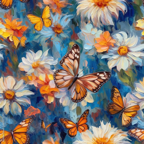 Butterflies and flowers seamless repeat pattern oil painting [Generative AI]  © Roman