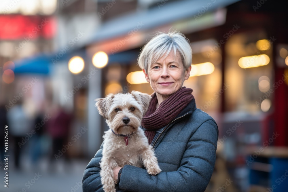 Headshot portrait photography of a glad mature girl walking with a dog against a lively sports bar background. With generative AI technology Headshot portrait photography of a glad mature girl walking with a dog against a lively sports bar background. With generative AI technology