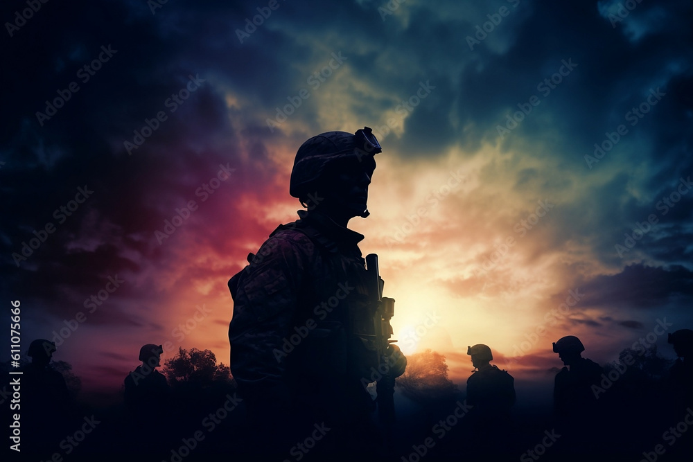group of soldiers in the sunset. Generative AI