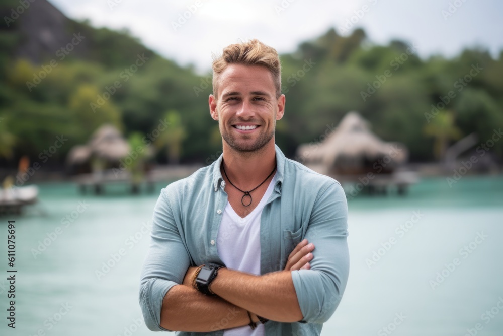 Medium shot portrait photography of a glad boy in his 30s with crossed arms against a scenic lagoon background. With generative AI technology Medium shot portrait photography of a glad boy in his 30s with crossed arms against a scenic lagoon background. With generative AI technology