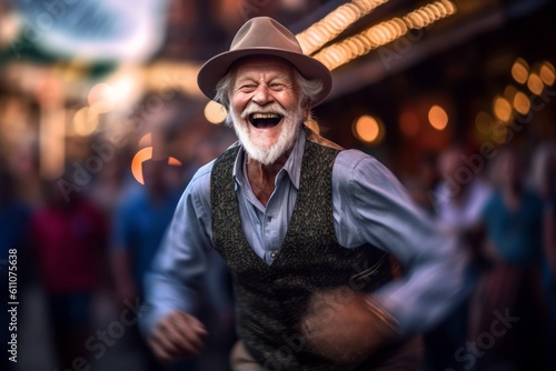 Medium shot portrait photography of a joyful old man running against a lively concert venue background. With generative AI technology