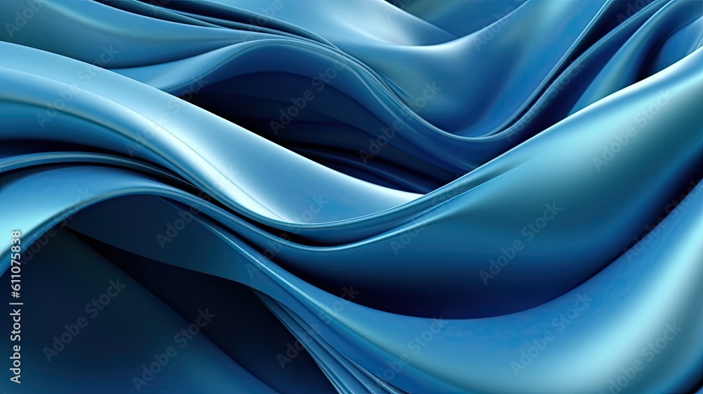 Fototapeta premium Abstract fashion background with blue wavy ribbons, folded cloth macro. Created with Generative Ai Technology