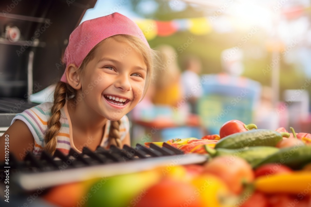 Close-up portrait photography of a glad kid female cooking on a grill against a colorful tulipfield background. With generative AI technology Close-up portrait photography of a glad kid female cooking on a grill against a colorful tulipfield background. With generative AI technology