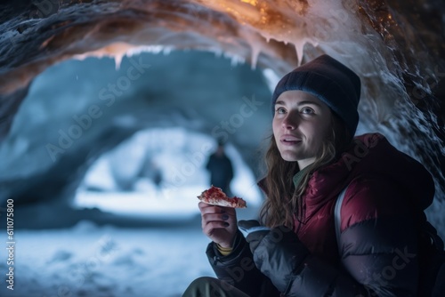 Medium shot portrait photography of a satisfied mature girl eating a piece of pizza against a majestic ice cave background. With generative AI technology photo