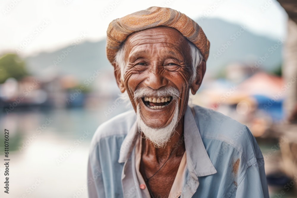 Close-up portrait photography of a grinning old man laughing against a picturesque fishing village background. With generative AI technology Close-up portrait photography of a grinning old man laughing against a picturesque fishing village background. With generative AI technology