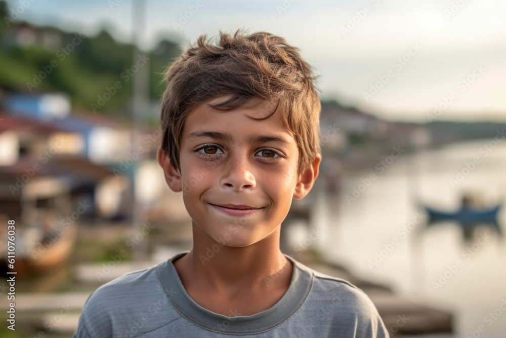 Headshot portrait photography of a satisfied kid male drawing against a picturesque fishing village background. With generative AI technology Headshot portrait photography of a satisfied kid male drawing against a picturesque fishing village background. With generative AI technology