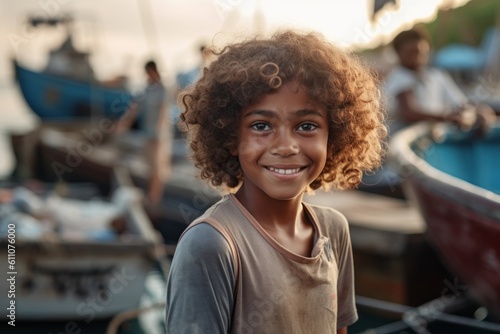 Close-up portrait photography of a glad kid female smiling against a picturesque fishing village background. With generative AI technology