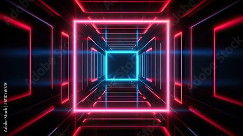 Abstract geometric neon background with glowing square frame. Laser linear shape inside the dark tunnel. Created with Generative Ai Technology