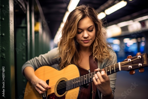 Close-up portrait photography of a satisfied girl in her 30s playing the guitar against a bustling subway station background. With generative AI technology