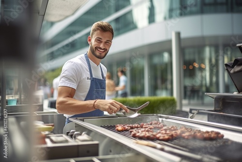 Medium shot portrait photography of a satisfied boy in his 30s cooking on a grill against a modern office building background. With generative AI technology