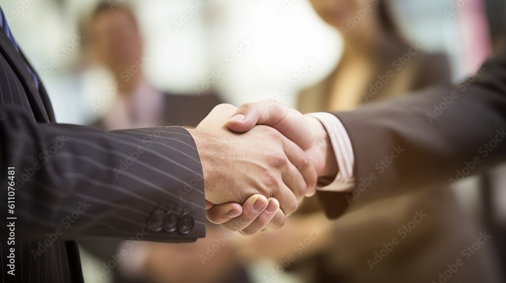 Business people shaking hands in the office, close-up of hands, generative Ai