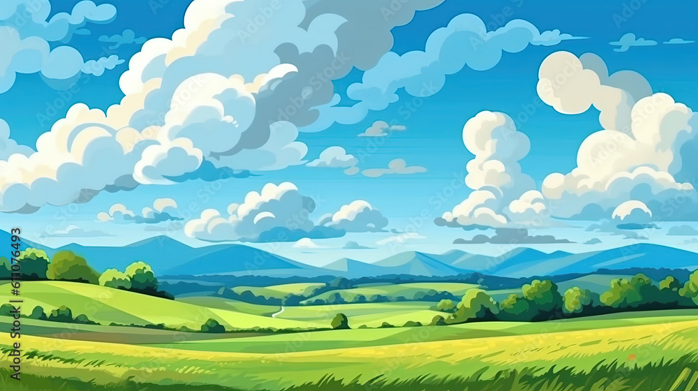 Summer fields, hills landscape, green grass, blue sky with clouds, flat style cartoon painting illustration, background, Generative AI Summer fields, hills landscape, green grass, blue sky with clouds, flat style cartoon painting illustration, background, Generative AI