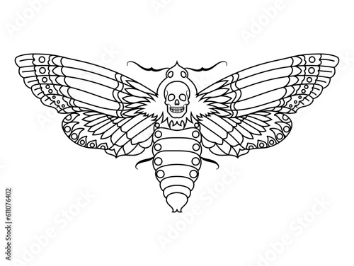 An outline illustration of a stylized death's-head hawkmoth.