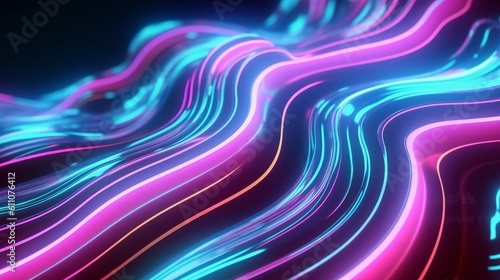 3D rendering of abstract neon waves with depth of field and bokeh effect, generative Ai
