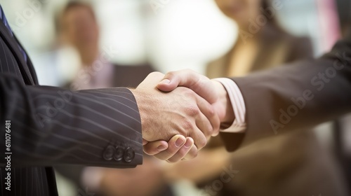 Business people shaking hands in the office, close-up of hands, generative Ai