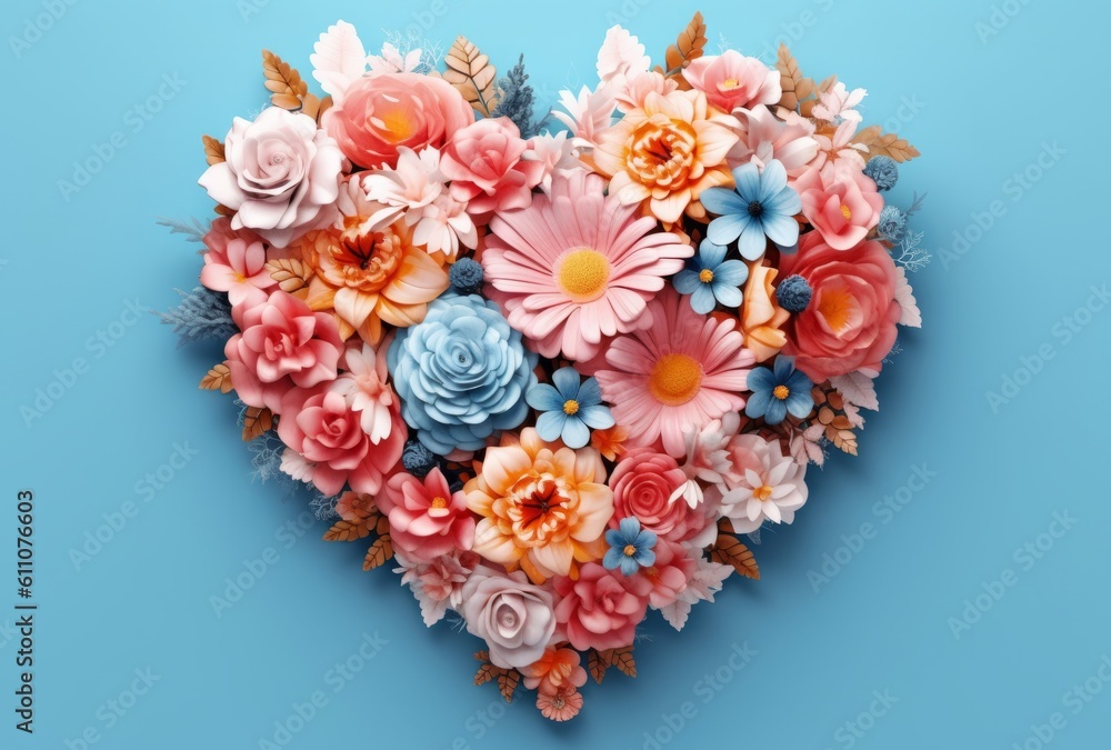 Colorful artificial flowers in heart shape on blue background, top view, generative Ai