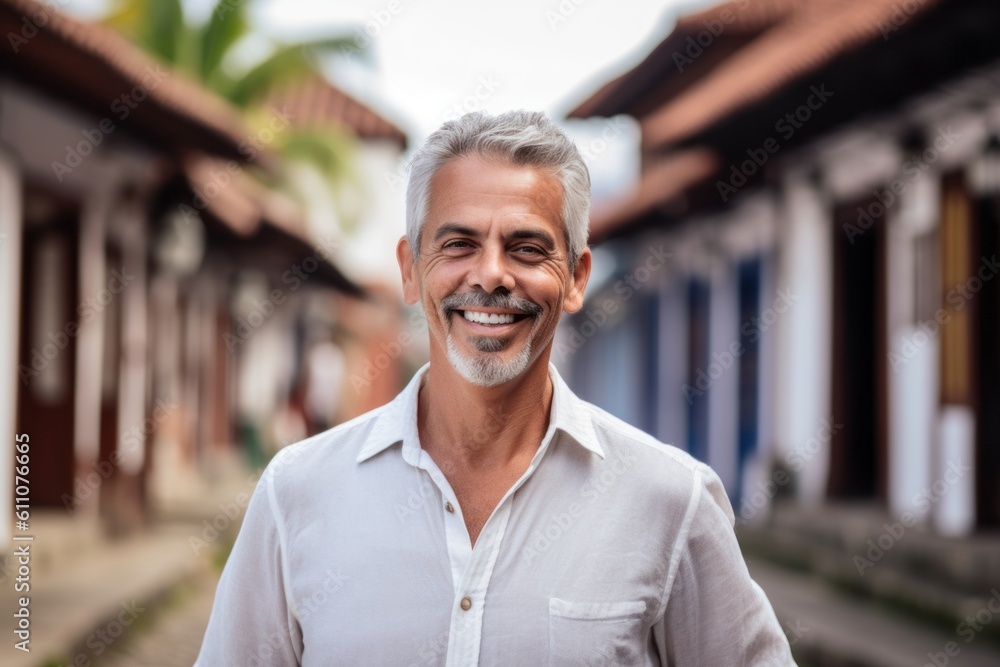 Obraz premium Headshot portrait photography of a satisfied mature man smiling against a historic colonial village background. With generative AI technology