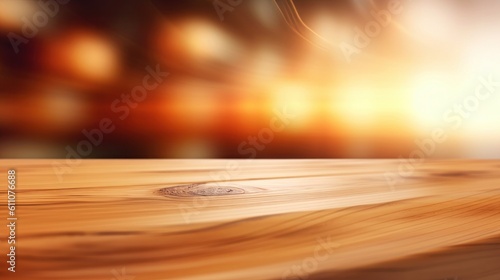Wooden table top on blurred background with bokeh light, generative Ai