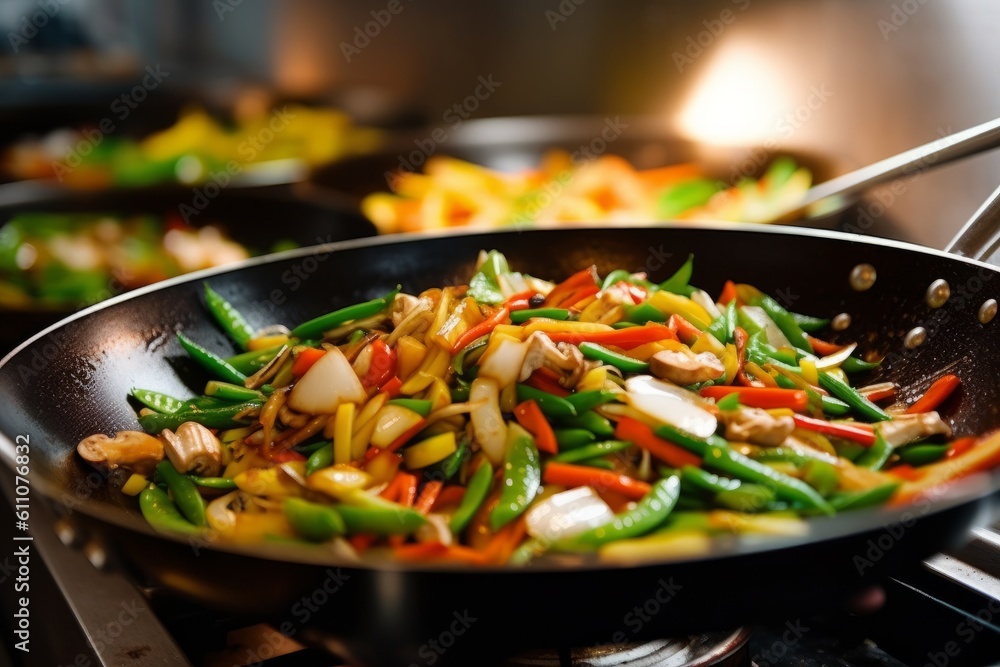 Frying pan with stir-fry vegetables in a restaurant kitchen, generative Ai