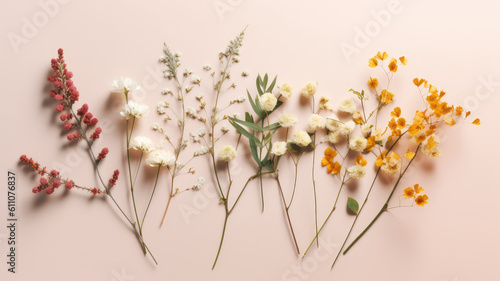 Flat lay of orange and purple Spring flowers and stems in loose wreath on white background