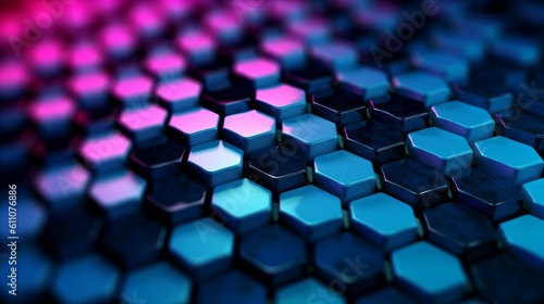 3D rendering of abstract background with hexagons in blue and pink, generative Ai