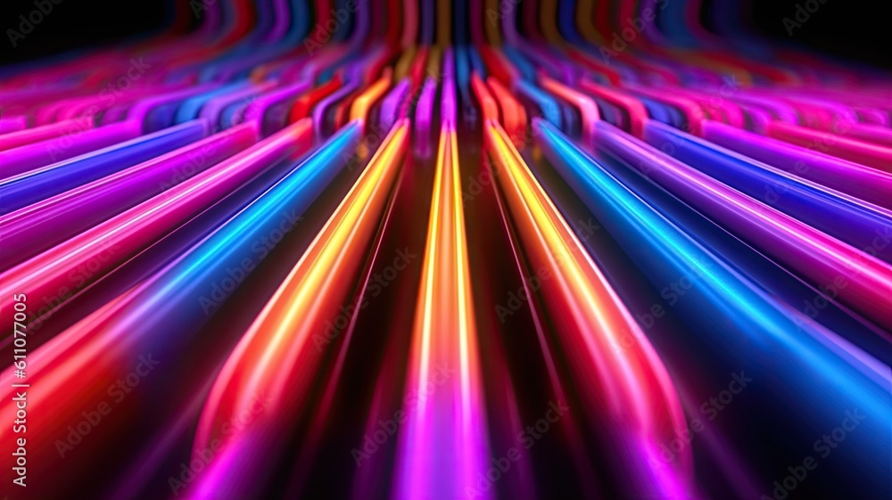 Obraz premium Abstract panoramic background with colorful spectrum. Bright colorful neon rays and glowing lines. Created with Generative Ai Technology