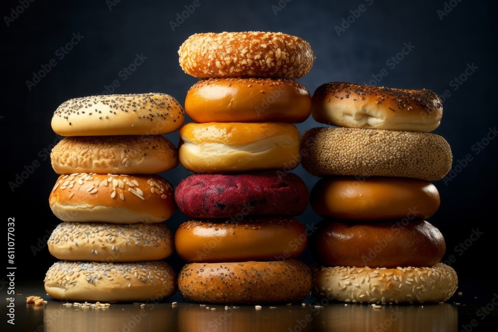 Assorted donuts on a black background, closeup of photo, generative Ai