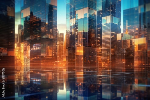 Double exposure of skyscrapers in the city. Concept of business success, generative Ai
