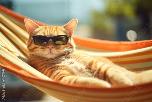 Fényképezés Cute ginger cat relaxing in hammock outdoors on sunny summer day, generative Ai