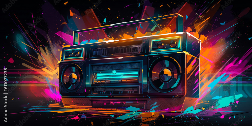 Captivating neon vintage boombox evoking powerful emotions through explosive colors, perfect for music enthusiasts seeking nostalgic visual appeal. Up your design game now! Generative AI