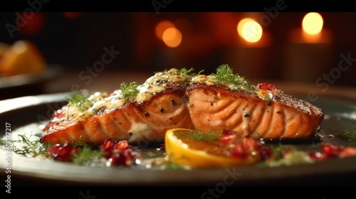 Grilled salmon with lemon and pomegranate on a plate, generative Ai
