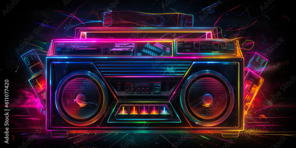 Fototapeta premium Spectacular neon vintage boombox image, capturing the essence of explosive retro music and evoking powerful emotions. Ideal for marketing nostalgia lovers. Generative AI