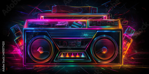 Spectacular neon vintage boombox image, capturing the essence of explosive retro music and evoking powerful emotions. Ideal for marketing nostalgia lovers. Generative AI